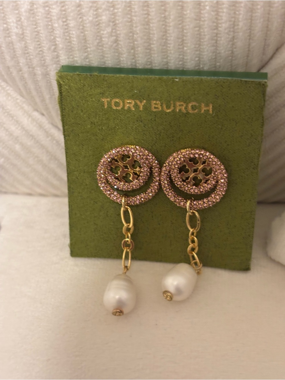 Tory Burch Pink Crystal and Pearl Drop Earrings with Gold Chain